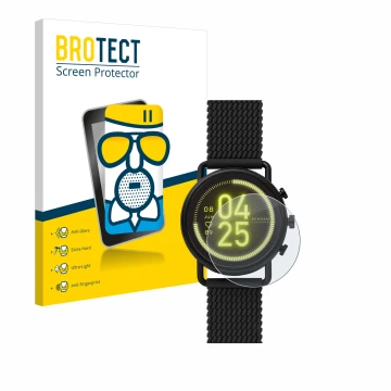 Vorderseite einer Produktverpackung mit dem Markenlogo BROTECT. Daneben ist das Gerät Skagen Smartwatch Falster 3 mit dem zuge