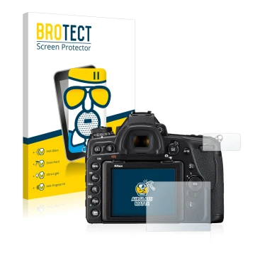 Vorderseite einer Produktverpackung mit dem Markenlogo BROTECT. Daneben ist das Gerät Nikon D780 mit dem zugehörigen Displaysc