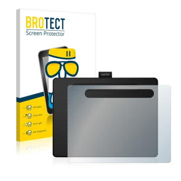 Vorderseite einer Produktverpackung mit dem Markenlogo BROTECT. Daneben ist das Gerät Wacom Intuos M mit dem zugehörigen Displ