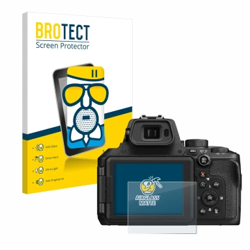 Vorderseite einer Produktverpackung mit dem Markenlogo BROTECT. Daneben ist das Gerät Nikon Coolpix P950 mit dem zugehörigen D
