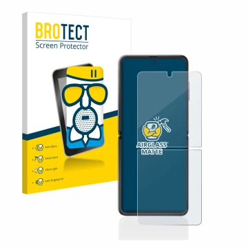Vorderseite einer Produktverpackung mit dem Markenlogo BROTECT. Daneben ist das Gerät Samsung Galaxy Z Flip mit dem zugehörige