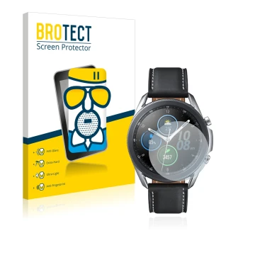 Vorderseite einer Produktverpackung mit dem Markenlogo BROTECT. Daneben ist das Gerät Samsung Galaxy Watch 3 (41mm) mit dem zu