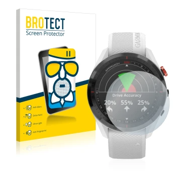 Vorderseite einer Produktverpackung mit dem Markenlogo BROTECT. Daneben ist das Gerät Garmin Approach S62 mit dem zugehörigen 