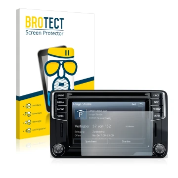 Vorderseite einer Produktverpackung mit dem Markenlogo BROTECT. Daneben ist das Gerät Volkswagen Caddy 2015 Discover Media 6.5