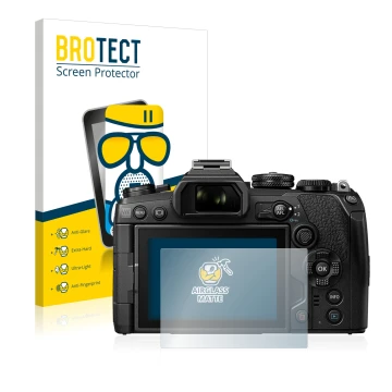 Vorderseite einer Produktverpackung mit dem Markenlogo BROTECT. Daneben ist das Gerät Olympus OM-D E-M1 Mark III mit dem zugeh