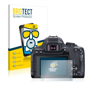 Vorderseite einer Produktverpackung mit dem Markenlogo BROTECT. Daneben ist das Gerät Canon EOS 850D mit dem zugehörigen Displ