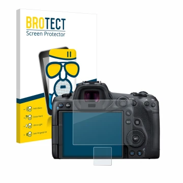 Vorderseite einer Produktverpackung mit dem Markenlogo BROTECT. Daneben ist das Gerät Canon EOS R5 mit dem zugehörigen Display