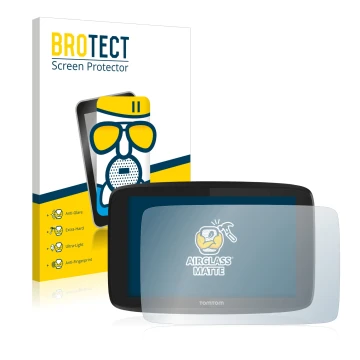 Vorderseite einer Produktverpackung mit dem Markenlogo BROTECT. Daneben ist das Gerät TomTom Go Professional 6200 mit dem zuge