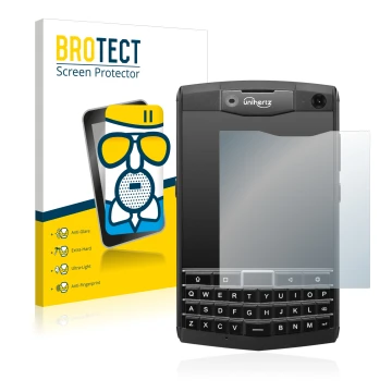 Vorderseite einer Produktverpackung mit dem Markenlogo BROTECT. Daneben ist das Gerät Unihertz Titan mit dem zugehörigen Displ