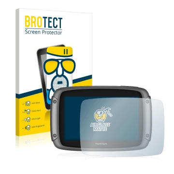 Vorderseite einer Produktverpackung mit dem Markenlogo BROTECT. Daneben ist das Gerät TomTom Rider 50 mit dem zugehörigen Disp