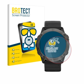 Vorderseite einer Produktverpackung mit dem Markenlogo BROTECT. Daneben ist das Gerät Garmin Fenix 6X Pro Solar mit dem zugehö