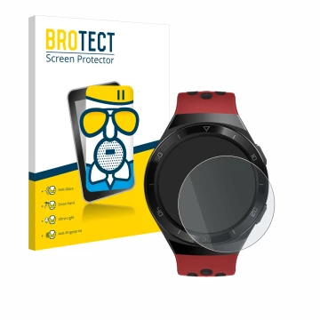 Vorderseite einer Produktverpackung mit dem Markenlogo BROTECT. Daneben ist das Gerät Huawei Watch GT 2e mit dem zugehörigen D