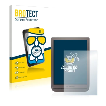 Vorderseite einer Produktverpackung mit dem Markenlogo BROTECT. Daneben ist das Gerät PocketBook InkPad 3 Pro mit dem zugehöri
