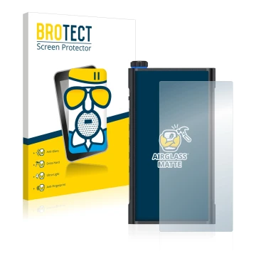 Vorderseite einer Produktverpackung mit dem Markenlogo BROTECT. Daneben ist das Gerät FiiO M15 mit dem zugehörigen Displayschu