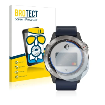 Vorderseite einer Produktverpackung mit dem Markenlogo BROTECT. Daneben ist das Gerät Garmin quatix 6 mit dem zugehörigen Disp