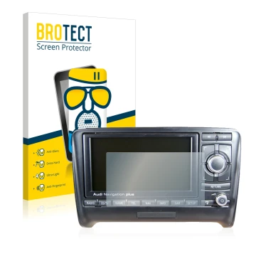 Vorderseite einer Produktverpackung mit dem Markenlogo BROTECT. Daneben ist das Gerät Audi A3 8P 2004-2012 RNS-E mit dem zugeh