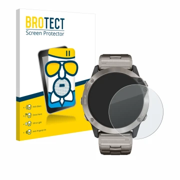 Vorderseite einer Produktverpackung mit dem Markenlogo BROTECT. Daneben ist das Gerät Garmin quatix 6x Solar mit dem zugehörig