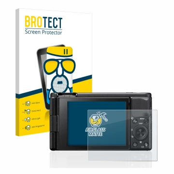 Vorderseite einer Produktverpackung mit dem Markenlogo BROTECT. Daneben ist das Gerät Sony ZV-1 mit dem zugehörigen Displaysch