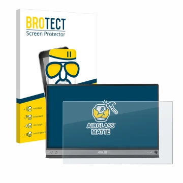 Vorderseite einer Produktverpackung mit dem Markenlogo BROTECT. Daneben ist das Gerät ASUS ZenScreen MB16AC mit dem zugehörige