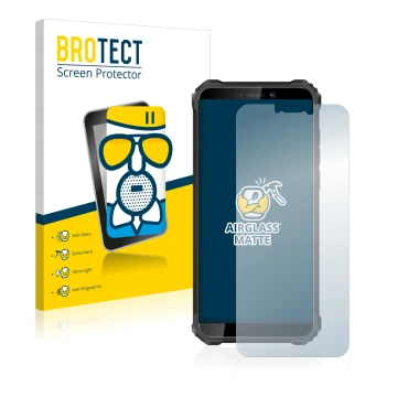 Vorderseite einer Produktverpackung mit dem Markenlogo BROTECT. Daneben ist das Gerät Oukitel WP5 Pro mit dem zugehörigen Disp