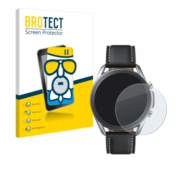 Vorderseite einer Produktverpackung mit dem Markenlogo BROTECT. Daneben ist das Gerät Samsung Galaxy Watch 3 (45mm) mit dem zu