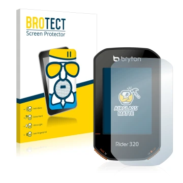 Vorderseite einer Produktverpackung mit dem Markenlogo BROTECT. Daneben ist das Gerät Bryton Rider 320 mit dem zugehörigen Dis