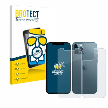 Vorderseite einer Produktverpackung mit dem Markenlogo BROTECT. Daneben ist das Gerät Apple iPhone 12 Pro (Display+Rückseite) 