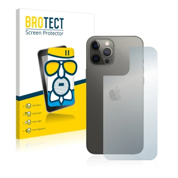 Vorderseite einer Produktverpackung mit dem Markenlogo BROTECT. Daneben ist das Gerät Apple iPhone 12 Pro Max (Rückseite) mit 