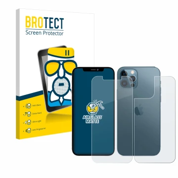 Vorderseite einer Produktverpackung mit dem Markenlogo BROTECT. Daneben ist das Gerät Apple iPhone 12 Pro Max (Display+Rücksei