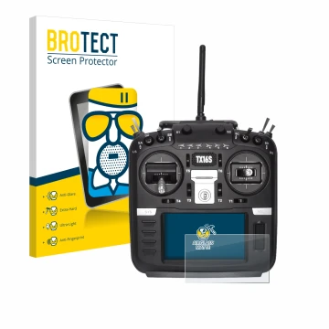 Vorderseite einer Produktverpackung mit dem Markenlogo BROTECT. Daneben ist das Gerät Radiomaster TX16S mit dem zugehörigen Di