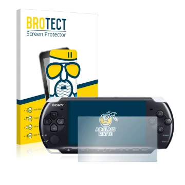 Vorderseite einer Produktverpackung mit dem Markenlogo BROTECT. Daneben ist das Gerät Sony PSP 3003 mit dem zugehörigen Displa
