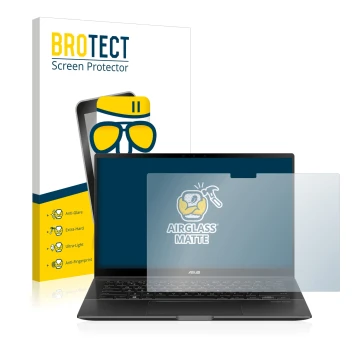 Vorderseite einer Produktverpackung mit dem Markenlogo BROTECT. Daneben ist das Gerät ASUS ZenBook Flip 14 UX463FA mit dem zug