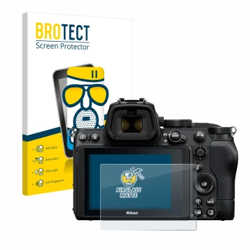Vorderseite einer Produktverpackung mit dem Markenlogo BROTECT. Daneben ist das Gerät Nikon Z 5 mit dem zugehörigen Displaysch