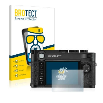Vorderseite einer Produktverpackung mit dem Markenlogo BROTECT. Daneben ist das Gerät Leica M10-R mit dem zugehörigen Displays