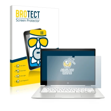 Vorderseite einer Produktverpackung mit dem Markenlogo BROTECT. Daneben ist das Gerät HP Chromebook x360 (14b-caX) mit dem zug