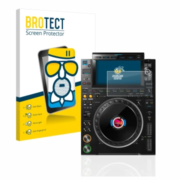 Vorderseite einer Produktverpackung mit dem Markenlogo BROTECT. Daneben ist das Gerät Pioneer CDJ 3000 mit dem zugehörigen Dis