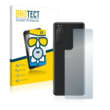 Vorderseite einer Produktverpackung mit dem Markenlogo BROTECT. Daneben ist das Gerät Sony Xperia 5 II (Rückseite) mit dem zug