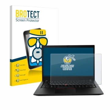 Vorderseite einer Produktverpackung mit dem Markenlogo BROTECT. Daneben ist das Gerät Lenovo ThinkPad T14s Gen 1 mit dem zugeh