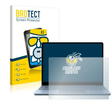 Vorderseite einer Produktverpackung mit dem Markenlogo BROTECT. Daneben ist das Gerät Microsoft Surface Laptop Go mit dem zuge