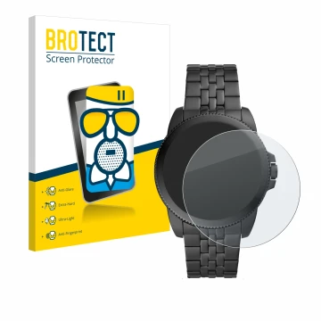 Vorderseite einer Produktverpackung mit dem Markenlogo BROTECT. Daneben ist das Gerät Fossil Gen 5E mit dem zugehörigen Displa