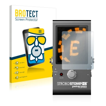 Vorderseite einer Produktverpackung mit dem Markenlogo BROTECT. Daneben ist das Gerät Peterson Strobostomp HD mit dem zugehöri