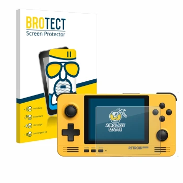 Vorderseite einer Produktverpackung mit dem Markenlogo BROTECT. Daneben ist das Gerät Retroid Pocket 2 mit dem zugehörigen Dis