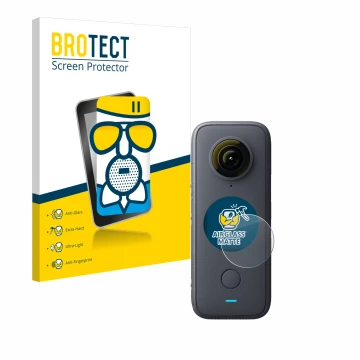 Vorderseite einer Produktverpackung mit dem Markenlogo BROTECT. Daneben ist das Gerät Insta360 One X2 mit dem zugehörigen Disp