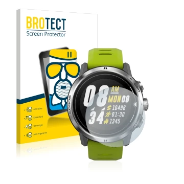 Vorderseite einer Produktverpackung mit dem Markenlogo BROTECT. Daneben ist das Gerät Coros Apex Pro mit dem zugehörigen Displ