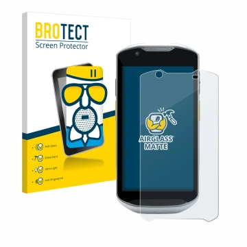 Vorderseite einer Produktverpackung mit dem Markenlogo BROTECT. Daneben ist das Gerät Zebra TC57x mit dem zugehörigen Displays