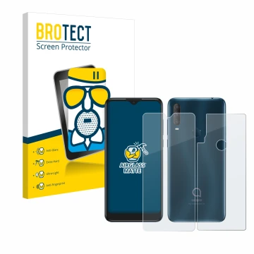 Vorderseite einer Produktverpackung mit dem Markenlogo BROTECT. Daneben ist das Gerät Alcatel 1S 2020 (Display+Rückseite) mit 
