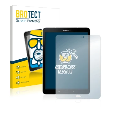 Vorderseite einer Produktverpackung mit dem Markenlogo BROTECT. Daneben ist das Gerät Samsung Galaxy Tab S3 mit dem zugehörige