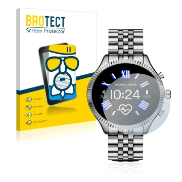 Vorderseite einer Produktverpackung mit dem Markenlogo BROTECT. Daneben ist das Gerät Michael Kors Access Gen 5 Lexington mit 