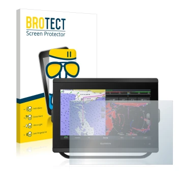 Vorderseite einer Produktverpackung mit dem Markenlogo BROTECT. Daneben ist das Gerät Garmin GPSMAP 8412xsv mit dem zugehörige