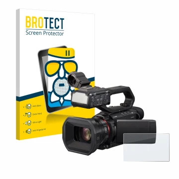 Vorderseite einer Produktverpackung mit dem Markenlogo BROTECT. Daneben ist das Gerät Panasonic HC-X2000 mit dem zugehörigen D